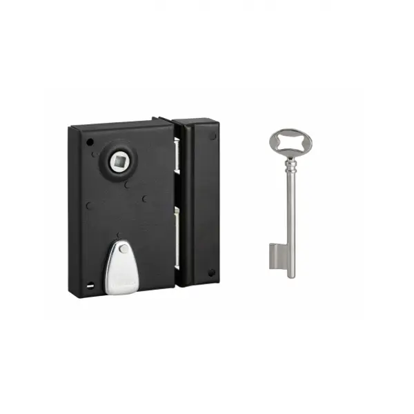 Serrure verticale en applique à clé à fouillot pour porte int., droite, carré 7mm, axe 40mm, 110x70mm, noir, 1 clé - THIRARD