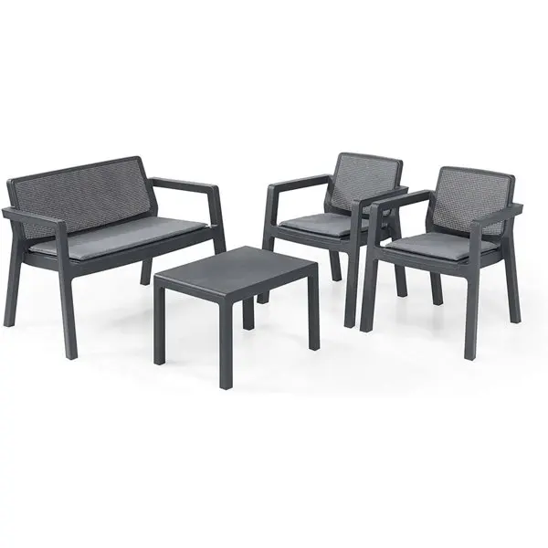 Salon de jardin 4 places effet rotin gris avec table basse fauteuils empilables