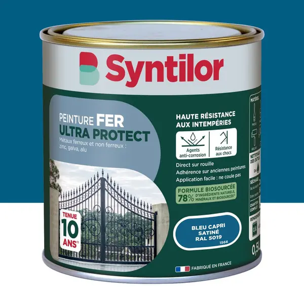 Peinture exterieure fer, alu Ultra protect SYNTILOR bleu capri satine 0.5l - SYNTILOR