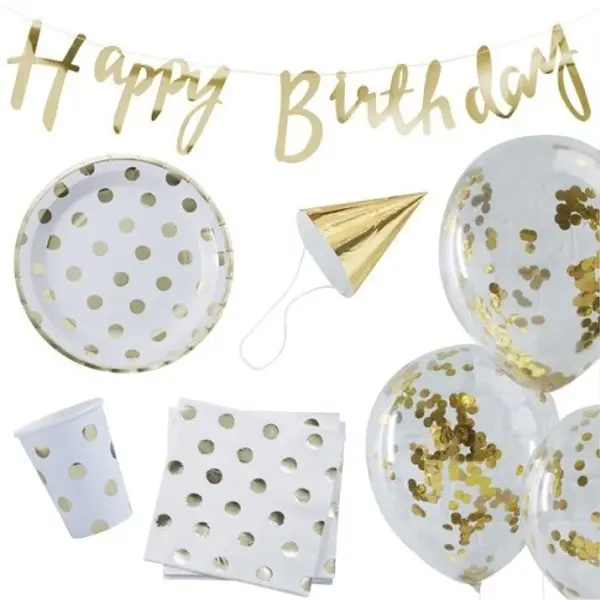Paquet de fête d'anniversaire en pointillé d'or 70 pièces BO-801