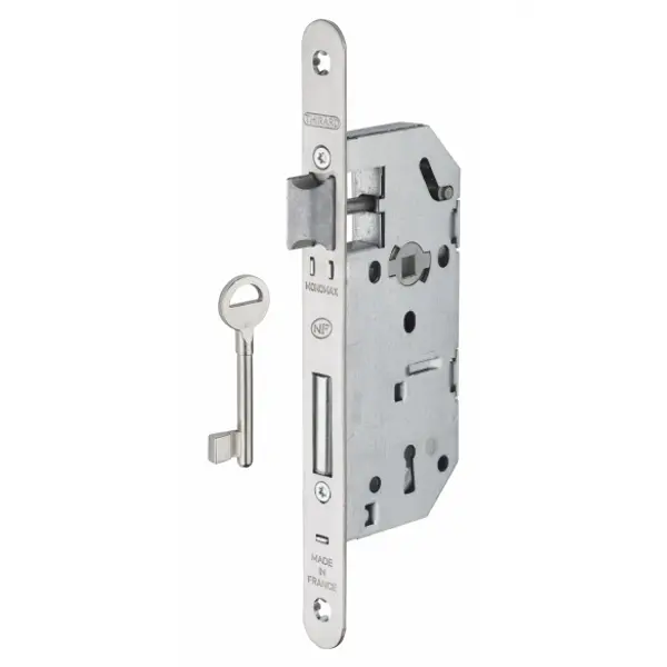 Serrure encastrable Monomax NF à clé pour porte de chambre, axe 40mm, bouts ronds, têtière inox, 1 clé - THIRARD