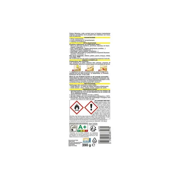Colle fixation contact neoprene int/ext pattex neoplus cartouche 390ml - PATTEX
