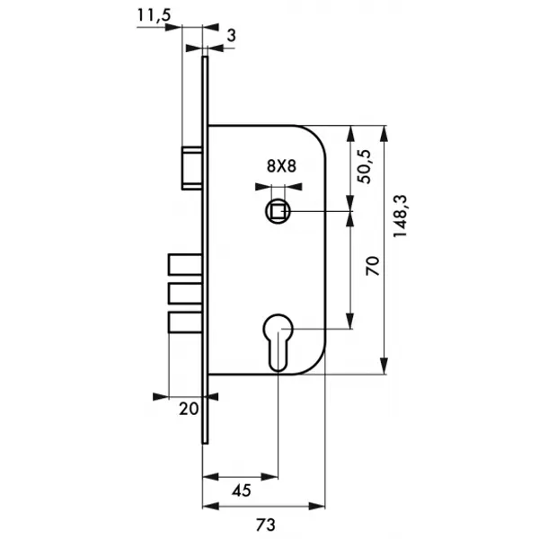 Boitier de serrure encastrable à cylindre pour porte d'entrée, axe 45mm, bouts carrés - THIRARD