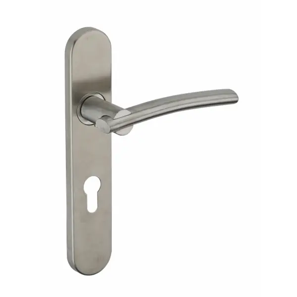 Ensemble de poignées pour porte d'entrée Poseidon trou de cylindre, carré 7mm, entr'axes 195mm, inox brossé - THIRARD