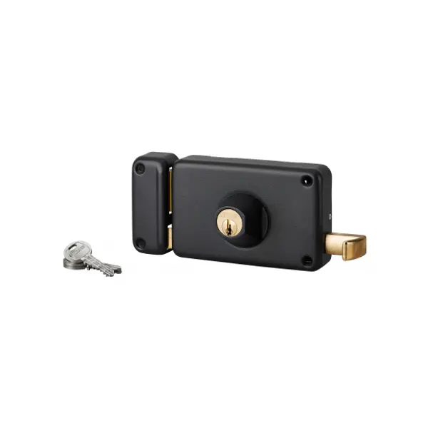 Serrure horizontale en applique double entrée à tirage pour porte d'entrée, gauche, axe 70mm, 140x88mm, noir, 3 clés - THIRARD