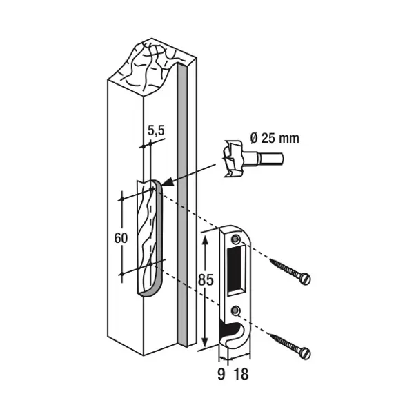 Gâche centrale encastrable pour porte d'entrée bois, gauche, 85x18x9mm, Decena, E-13065-00-L-1 - FERCO by THIRARD