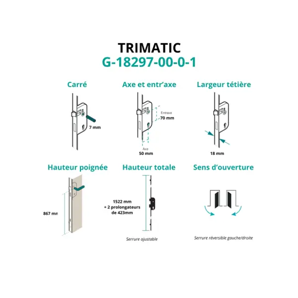 Boitier de serrure enc. Trimatic à cylindre pour porte bois, ajustable, axe 50mm, 3pts, G-18297-00-0-1 - FERCO by THIRARD