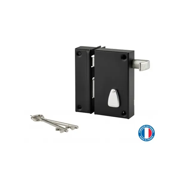 Serrure verticale en applique 6 gorges à tirage pour entrée, gauche, axe 45mm, carré 7mm, 75x130mm, noir, 2 clés - THIRARD