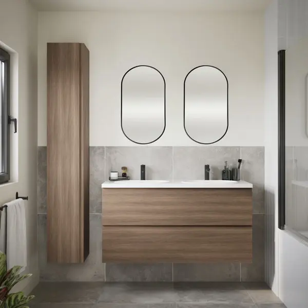 Ensemble salle de bain décor imitation chêne brun IDALIE