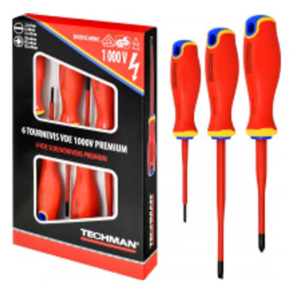 Jeu de 6 tournevis vde 1000v Plats 2,5x75 / 4x100 / 5,5x100 / Pz0x60 / Pz1x80 / Pz2x100 - TECHMAN