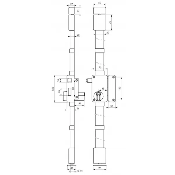Serrure en applique Beluga A2P* à tirage pour entrée, droite, 3pts, Transit2 30x65mm, axe 45mm, marron, 4 clés - THIRARD