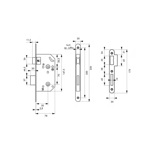 Serrure encastrable Unimax CE NF QC à condamnation pour salle de bain et toilette, axe 50mm, bouts ronds, têtière inox - THIRARD