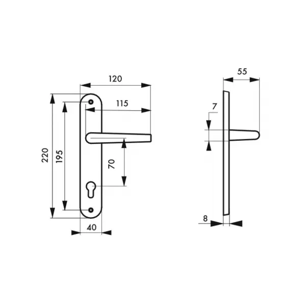 Ensemble de poignées pour porte d'entrée Marianne trou de cylindre, carré 7mm, entr'axes 195mm, laiton poli - THIRARD