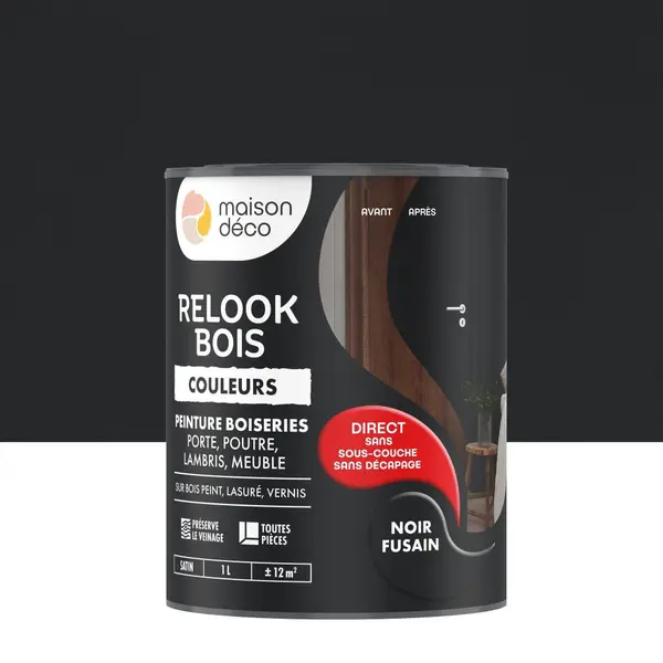 Peinture Relook bois MAISON DECO, noir fusain satine, 1 l - MAISON DECO