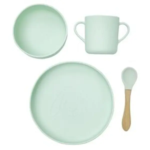 Coffret repas Bébé silicone 4 pièces vert et bois