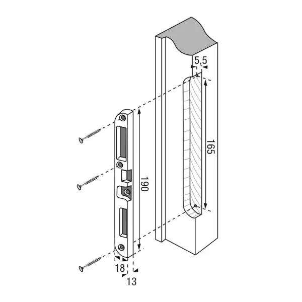 Gâche centrale encastrable pour porte d'entrée bois, droite, 190x18x13mm, compatible Trimatic, E-13742-00-R-1 - FERCO by THIRARD