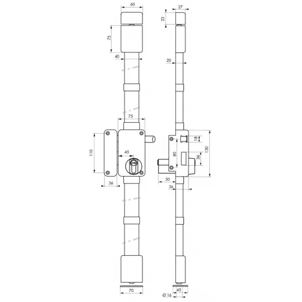Serrure en applique Beluga A2P* à tirage pour entrée, gauche, 3pts, Transit2 30x65mm, axe 45mm, marron, 4 clés - THIRARD