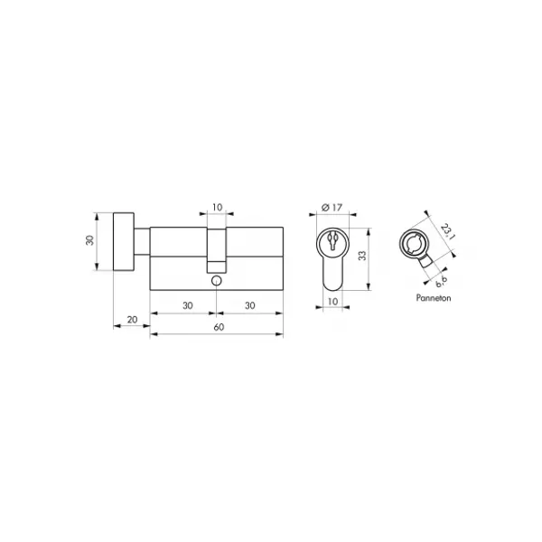 Cylindre de serrure à bouton clé modifiable, 30Bx30mm, anti-arrachement, anti-perçage, laiton, 2x3 clés - THIRARD