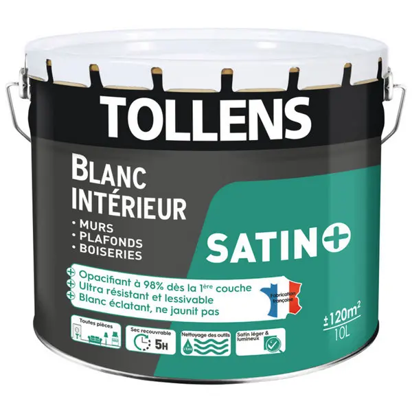 Peinture monocouche murs, plafonds et boiseries intérieure acrylique satin blanc 10 L