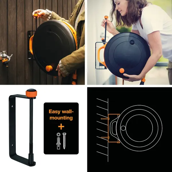 Dévidoir automatique - S avec tuyau 15 m - enrouleur mural pour arrosage de jardin - FISKARS