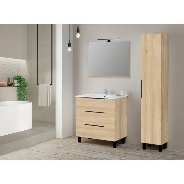 Ensemble meuble 3 tiroirs effet bois 80 cm avec vasque céramique + miroir LED DENVER