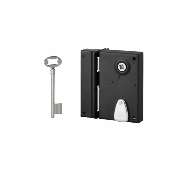 Serrure verticale en applique à clé à fouillot pour porte int., gauche, carré 7mm, axe 40mm, 110x70mm, noir, 1 clés - THIRARD