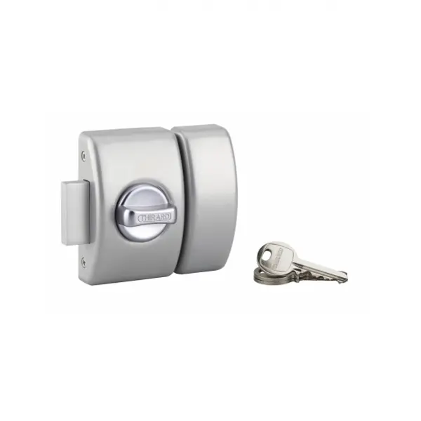Verrou à bouton Design 5 pour porte d'entrée, cylindre 50mm, acier, 3 clés, argent - THIRARD
