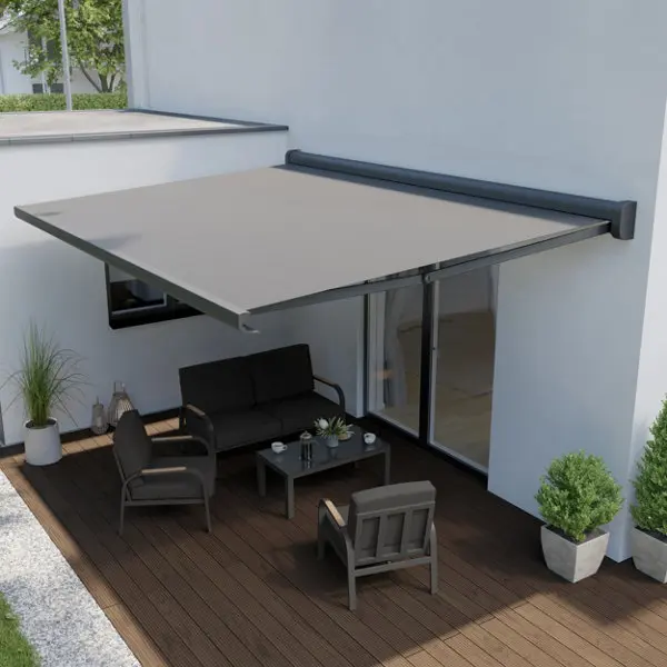 Store banne motorisé avec cassette L. 300 x H. 25 cm x l. 400 cm Gris