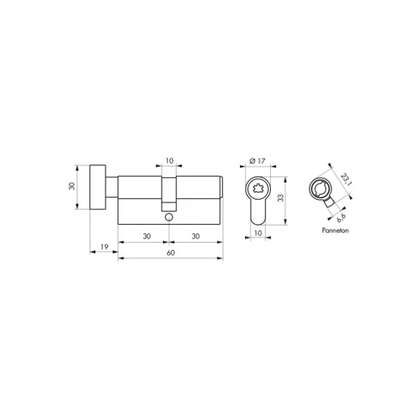 Cylindre de serrure à bouton Federal , 30Bx30mm, nickel, anti-arrachement, anti-perçage, 4 clés - THIRARD