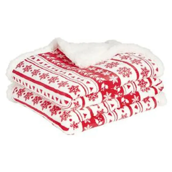 Plaid imprimé flocon Noël rouge blanc dos sherpa 120x150cm