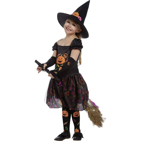 Déguisement enfant Halloween sorcière robe chapeau accessoires 3/4ans