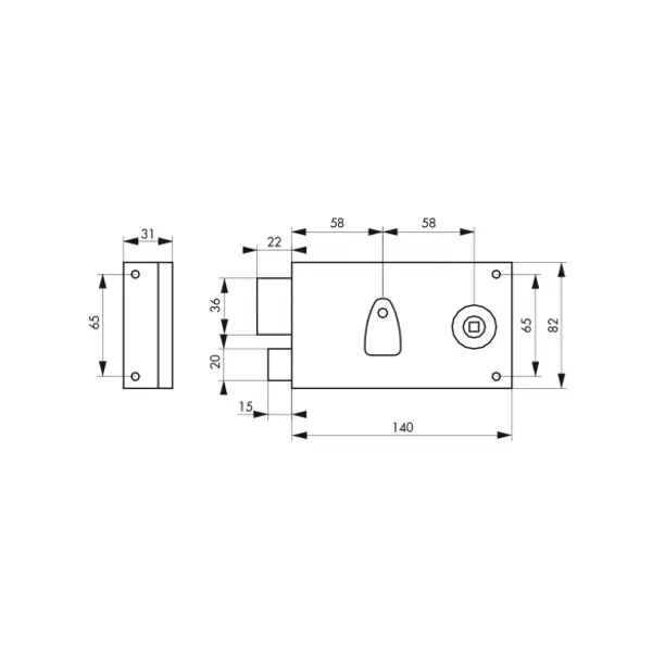Serrure horizontale en applique à clé à fouillot pour porte de chambre, gauche, axe 58mm, 140x82mm, noir, 1 clé - THIRARD