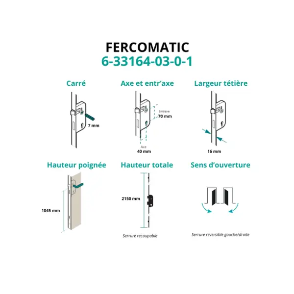 Boitier de serrure enc. Fercomatic à cylindre pour porte d'entrée, axe 40mm, 3pts, H. 2150mm, 6-33164-03-0-1 - FERCO by THIRARD