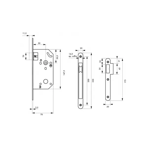 Serrure encastrable Unimax CE NF QC pour porte intérieur, axe 50mm, bouts ronds, têtière noire - THIRARD