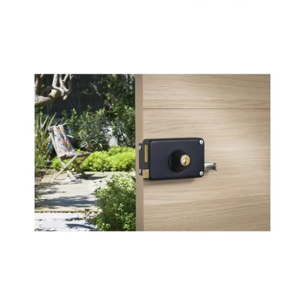 Serrure horizontale en applique double entrée à tirage pour porte d'entrée, gauche, axe 70mm, 140x88mm, noir, 3 clés - THIRARD