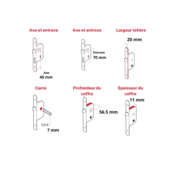 Serrure encastrable NF à clé pour porte de chambre, axe 40mm, bouts ronds, 1 clé - THIRARD