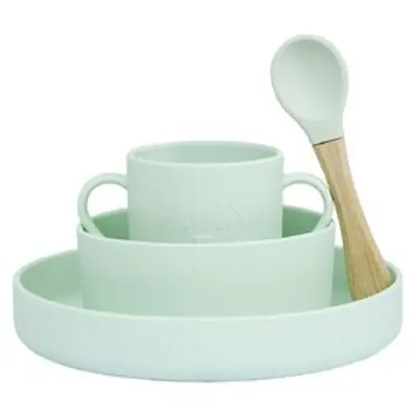 Coffret repas Bébé silicone 4 pièces vert et bois