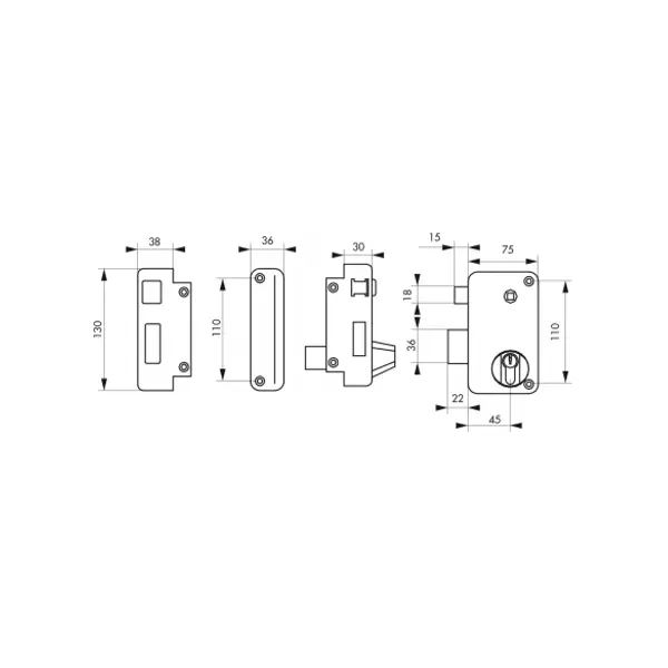 Serrure verticale en applique double entrée à fouillot pour porte d'entrée, gauche, axe 45mm, 75x130mm, noir, 3 clés - THIRARD