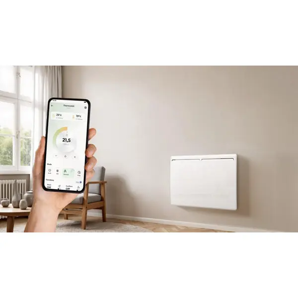 Radiateur à inertie sèche blanc 1000W WiFi, ANNA montage mural, thermostat ajustable
