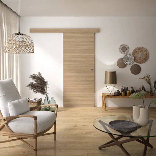 Kit porte coulissante en MDF décor chêne miel avec rail aluminium 204 x 83 cm
