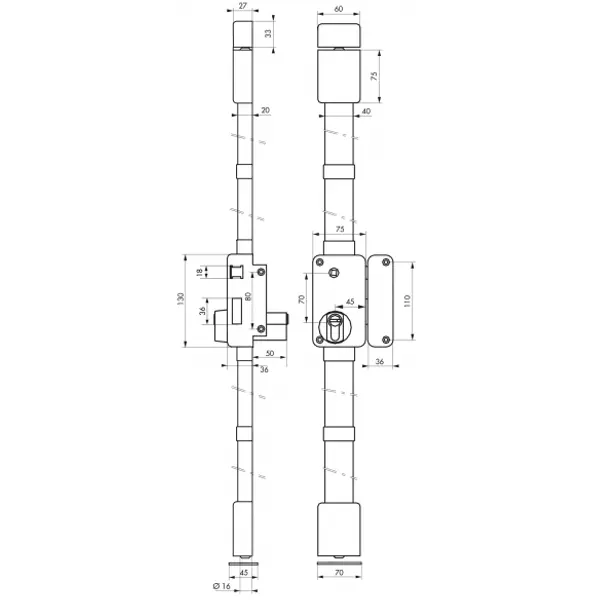 Serrure en applique Beluga A2P* à fouillot pour entrée, droite, 3pts, Transit2 30x65mm, axe 45mm, marron, 4 clés - THIRARD