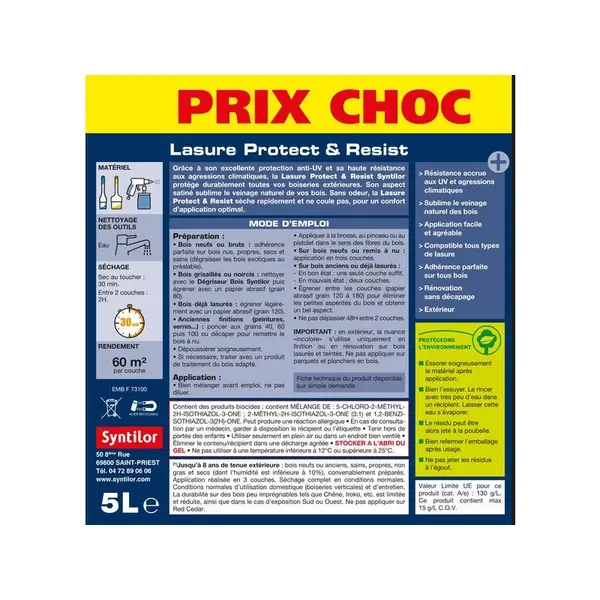 Lasure SYNTILOR protect & résist chêne moyen 5 L - SYNTILOR