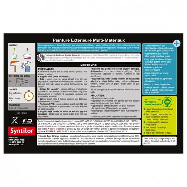 Peinture multimatériau extérieur SYNTILOR gris alu satiné 0.5 l - SYNTILOR