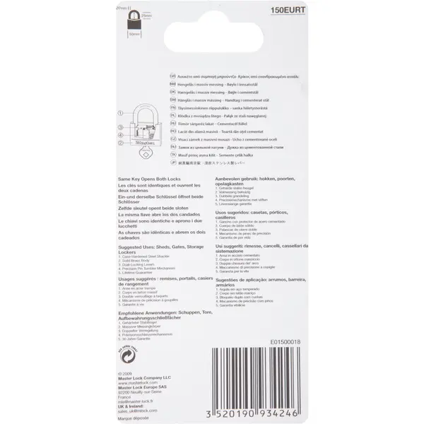 Lot de 2 cadenas à clé en laiton, MASTER LOCK, 6.8 x 5 x 1.4 cm, doré - MASTER LOCK