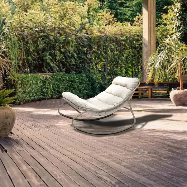 Fauteuil à bascule détente - Cuba - acier et résine époxy - coussin polyester beige grège - 78 x 107 x 69 cm - Jardiline