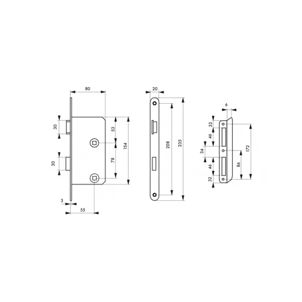 Serrure encastrable à condamnation pour salle de bain et toilette, gauche, axe 55mm, bouts ronds - THIRARD