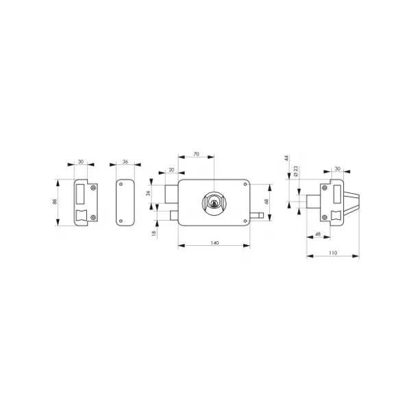 Serrure horizontale en applique double entrée à tirage pour porte d'entrée, gauche, axe 70mm, 140x88mm, noir, 3 clés - THIRARD