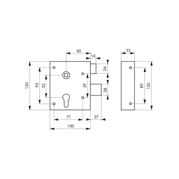 Boitier de serrure en applique Alsace double entrée à fouillot pour entrée, réversible, axe 60mm, 100x117mm, zingué - THIRARD
