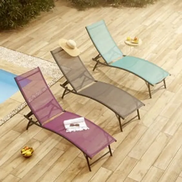 Transat bain de soleil Bahia 5 positions textilène bleu 182x55xH36-92cm