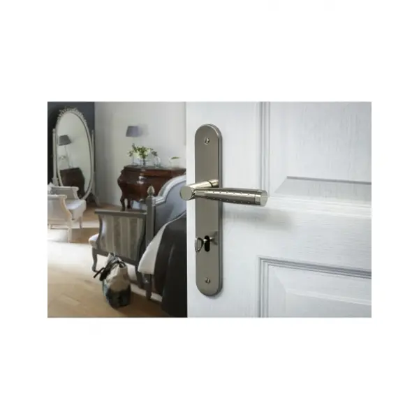 Ensemble de poignées pour porte de chambre Helios trou de clé, carré 7mm, entr'axes 195mm, nickelé brossé - THIRARD